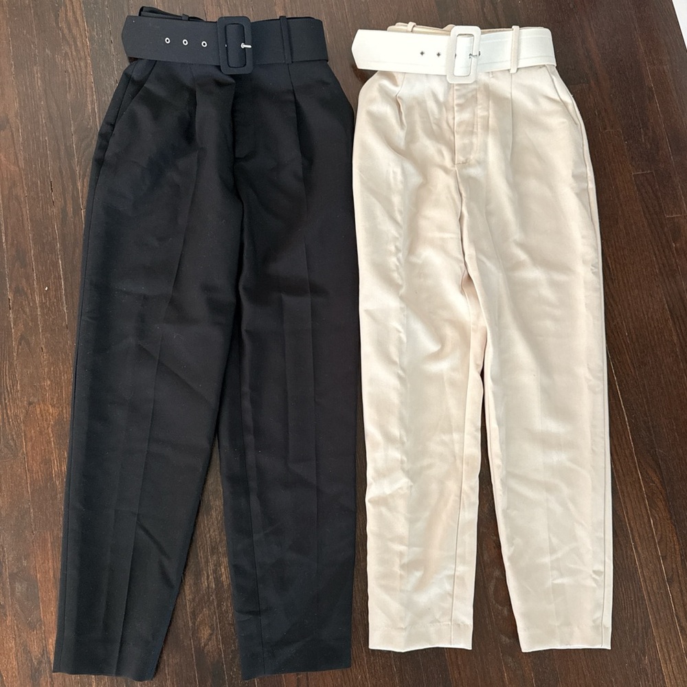 2 Pairs of Zara belted trousers (black, cream)